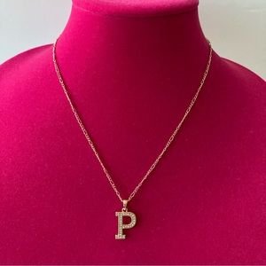Initial Pendent P Necklace Figaro Chain Gold Tone with Clear Stones |New No Tags